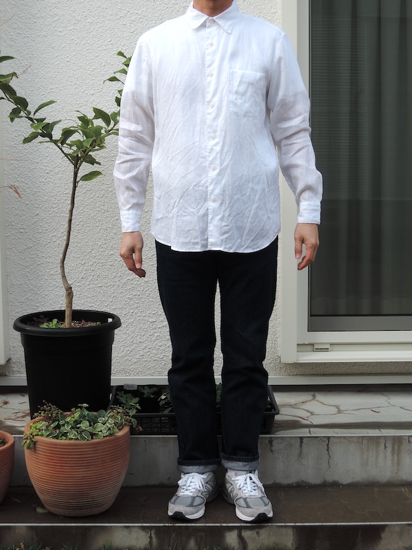 175cm／70kg　UNIQLO Premium Linen Shirts　L　00 WHITE着用画像